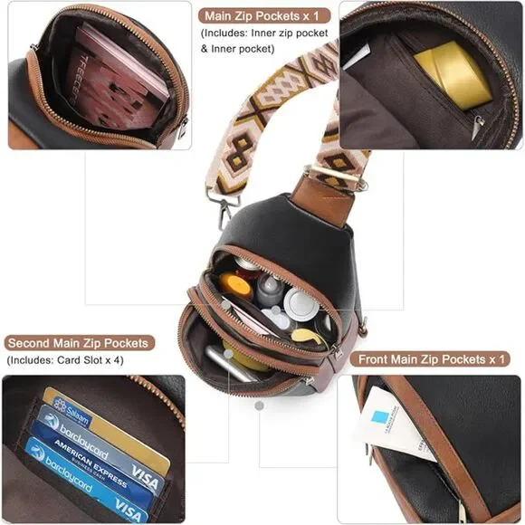 Women Black With Brown Imported Faux Leather Unique Sling Cross Body Backpack